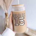 Personalised Baseball Number Name Drinking Glasses with Bamboo Lids and Glass Straw Birthday Gift for Sports Lover