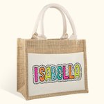 Personalised Dalmatian Dots Jute Tote Bag with Pocket and Colourful Name Reusable Back to School Wedding Beach Gift for Women
