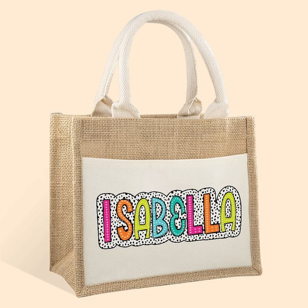 Personalised Dalmatian Dots Jute Tote Bag with Pocket and Colourful Name Reusable Back to School Wedding Beach Gift for Women
