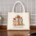 Gepersonaliseerde Retro Wilde Bloemen MRS. Jute draagtas met naam Bruidsschower Lerarendag cadeau voor vrouwen