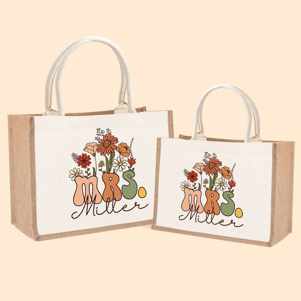 Personalisierte Retro-Wildblumen MRS. Jute Tasche mit Namen Tote Bag Bridal Shower Teacher's Day Geschenk für Frauen