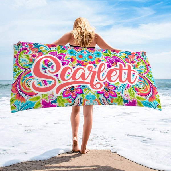 Personalised Quick Dry Retro Paisley Oversized Soft Microfiber Beach Towel with Name Summer Travel Essential Party Birthday Gift for Women