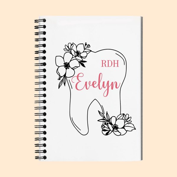 Personalised Floral Tooth Dental Tools A5 Spiral Notebook with Title and Name Thank You Graduation Gift for Dentists