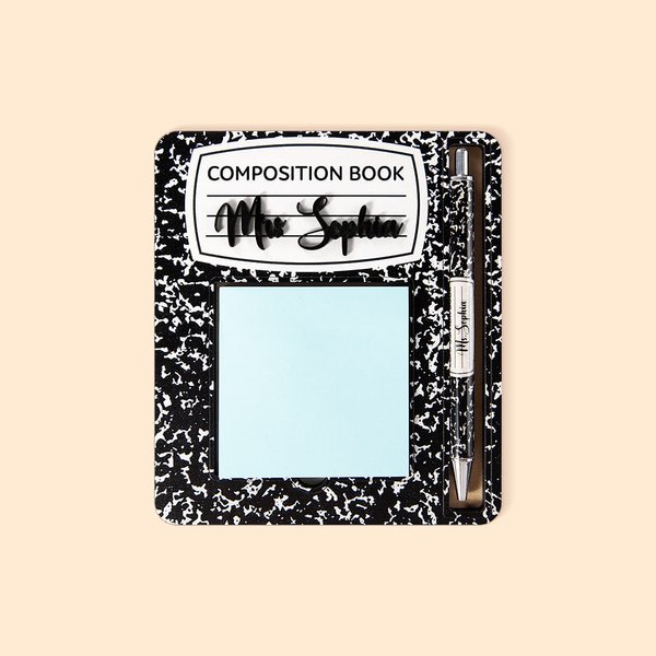 Note Autocollante avec Stylo Personnalisée avec Nom Porte-note en Bois Style Cahier et Crayons Cadeau Remerciement pour Professeur