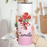Personalised Watercolour Birth Flower Bouquet 20oz Skinny Tumbler with Name and Straw Birthday Bridal Shower Gift for Women