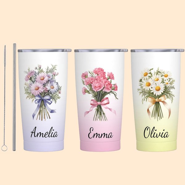 Personalised Gradient Colour Bow Birth Flower Bouquet 20oz Name Tumbler with Straw Anniversary Birthday Gift for Her
