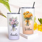 Personalized Gradient Colour Bow Birth Flower Bouquet 20oz Name Tumbler with Straw Anniversary Birthday Gift for Her