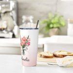 Personalized Gradient Colour Bow Birth Flower Bouquet 20oz Name Tumbler with Straw Anniversary Birthday Gift for Her