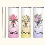 Personalised Watercolour Birth Flower Bouquet 20oz Skinny Tumbler with Name and Straw Birthday Bridal Shower Gift for Women