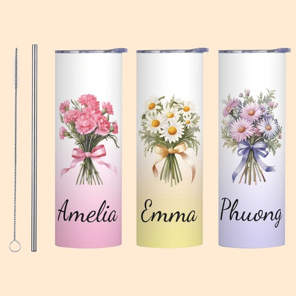 Personalized Watercolor Birth Flower Bouquet 20oz Skinny Tumbler with Name and Straw Birthday Bridal Shower Gift for Women
