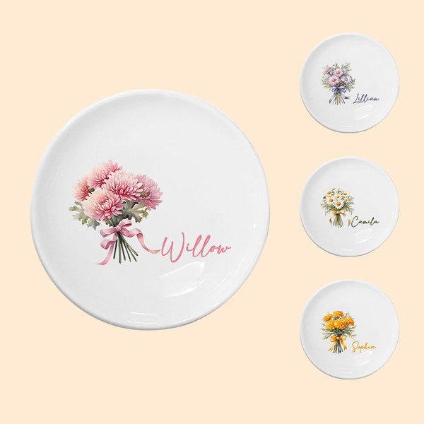 Personalised Birth Flower Bouquet Ring Dish Jewellery Tray with Name Birthday Bridesmaid Party Gift for Her