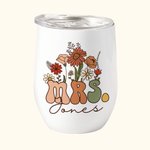 Personalisierte Vintage Wildblumen Frau 12oz Wein Becher mit Namen und Strohhalm Reinigungsbürste Hochzeit zurück zu Schule Geschenk für Braut Lehrer