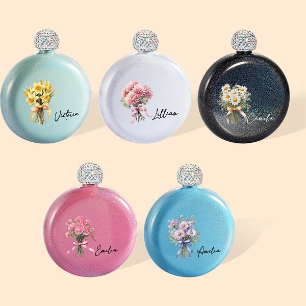 Personalised Glitter Birth Flower Bouquet 5oz Flask with Rhinestone Lid and Name Birthday Bridesmaid Party Gift for Her
