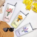 Personalized Gradient Colour Bow Birth Flower Bouquet 20oz Name Tumbler with Straw Anniversary Birthday Gift for Her