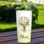Personalized Gradient Colour Bow Birth Flower Bouquet 20oz Name Tumbler with Straw Anniversary Birthday Gift for Her
