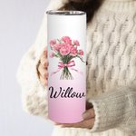 Personalised Watercolour Birth Flower Bouquet 20oz Skinny Tumbler with Name and Straw Birthday Bridal Shower Gift for Women