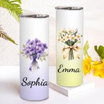 Personalised Watercolour Birth Flower Bouquet 20oz Skinny Tumbler with Name and Straw Birthday Bridal Shower Gift for Women