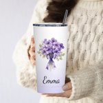 Personalized Gradient Colour Bow Birth Flower Bouquet 20oz Name Tumbler with Straw Anniversary Birthday Gift for Her