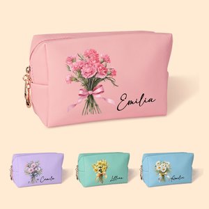 Personalised Leather Birth Flower Bouquet Makeup Bag with Name Bridesmaid Birthday Gift for Her