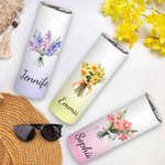 Personalised Watercolour Birth Flower Bouquet 20oz Skinny Tumbler with Name and Straw Birthday Bridal Shower Gift for Women