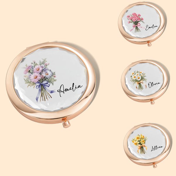 Petit Miroir de Maquillage Portable Personnalisé avec Nom et Fleur de Naissance Cadeau de Mariage Bridal Shower pour Femme