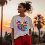 Personalized Rainbow Cartoon Summer Vibes T-shirt with Name Holiday Beach Party Gift for Her