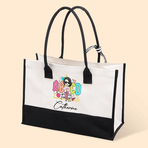 Personalised Retro ABCD Teacher Tour Cartoon Character Canvas Tote Bag with Name Appreciation Back to School Travel Gift for Teacher