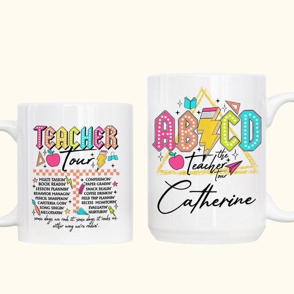 Spersonalizowany kubek ceramiczny ABCD Teacher Tour Retro Neon Letter 11oz 15oz z imieniem i nazwiskiem Powrót do szkoły Prezent dla nauczyciela