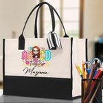 Personalised Retro ABCD Teacher Tour Cartoon Character Canvas Tote Bag with Name Appreciation Back to School Travel Gift for Teacher