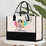 Personalised Retro ABCD Teacher Tour Cartoon Character Canvas Tote Bag with Name Appreciation Back to School Travel Gift for Teacher