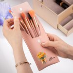 Personalised Colourful Birth Flower Bouquet Portable Leather Makeup Brush Bag with 8 Makeup Brushes Bridal Party Travel Birthday Gift for Her