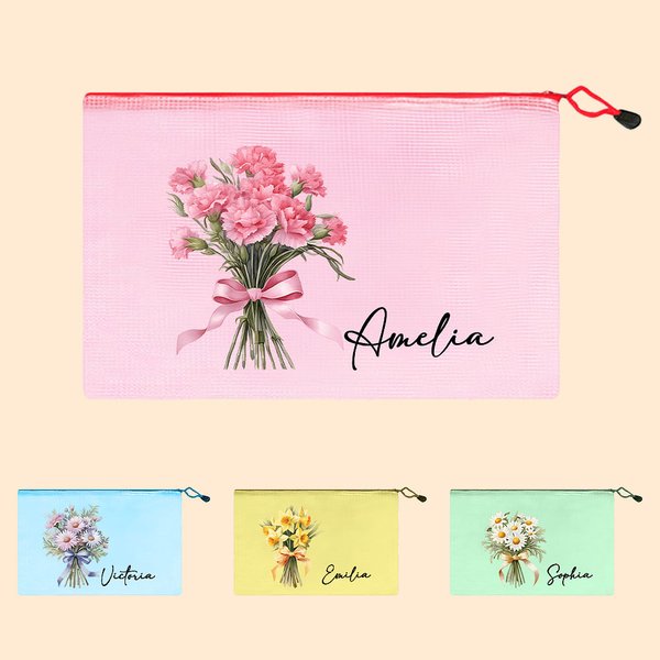 Bouquet di fiori di nascita personalizzato in rete, sacchetto con cerniera, borsa da spiaggia impermeabile con nome, damigella d'onore, addio al nubilato, regalo di nozze per lei