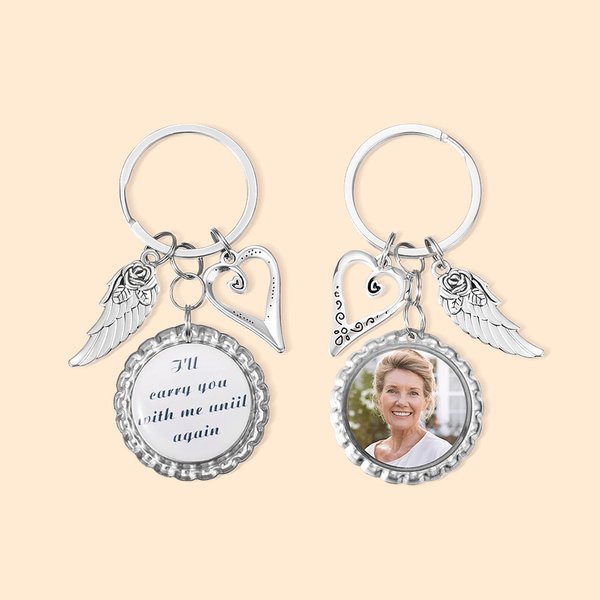 Personalized Heart Wing Photo Keychain with Text Sympathy Memorial Gift