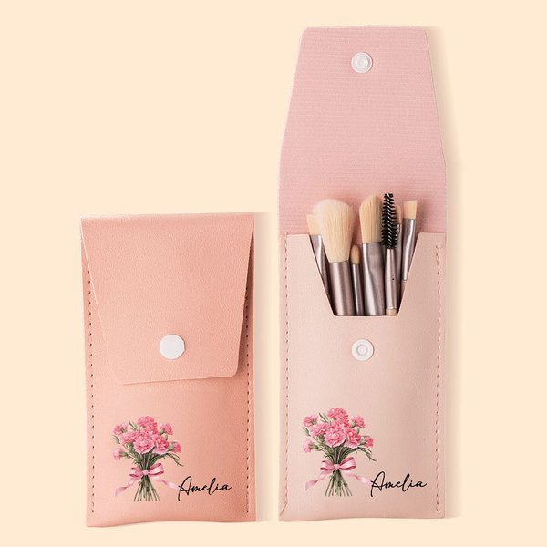 Personalised Colourful Birth Flower Bouquet Portable Leather Makeup Brush Bag with 8 Makeup Brushes Bridal Party Travel Birthday Gift for Her