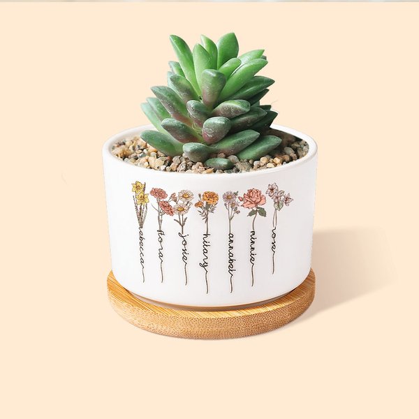 Flor de Nacimiento Personalizada Maceta de Cerámica con 1-16 Nombres y Base de Bambú Regalo de Cumpleaños Día de la Madre para Mamá Abuela