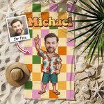 Personalisiertes Retro Kariertes Cartoon Strandtuch mit Gesicht Foto und Namen Mikrofaser Urlaub Badeanzug-Party Geschenk für Freundin Freund