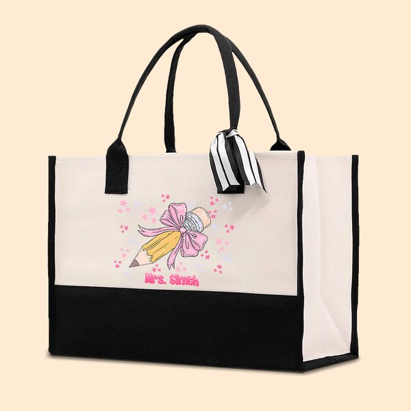 Personalized Pencil Coquette Large Name Canvas Tote Bag with Waterproof Lining Back to School Birthday Gift for Teacher