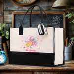 Personalisierte Bleistift Coquette großen Namen Canvas Tote Bag mit wasserdichtem Futter zurück zur Schule Geburtstag Geschenk für Lehrer