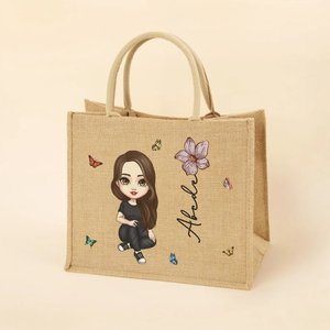 Personalisierte Niedliche Cartoon-Figur Jute Tragetasche mit Namen und Geburtsblume Hochzeit Geburtstag Muttertag Geschenk für Damen Mädchen