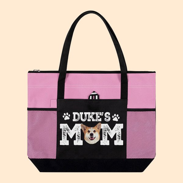 Personalised Pet Portrait Photo Dog Mom Zippered Tote Bag with Name Large Travel Essential Birthday Gift for Pet Lovers