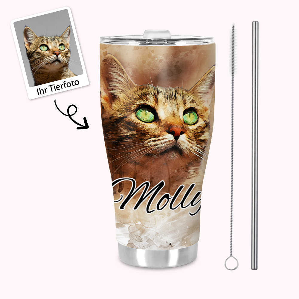 Personalisierte 900ml Aquarell Katze Hund Haustierporträt Flasche mit Namen Deckel Strohhalm Geburtstag Geschenk für Tierliebhaber