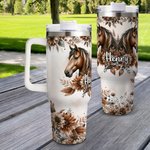 Personalisierte Boho Style Floral Pferd 40oz isoliert Name Becher mit Griff Deckel und Stroh Geburtstag Geschenk für Pferdeliebhaber