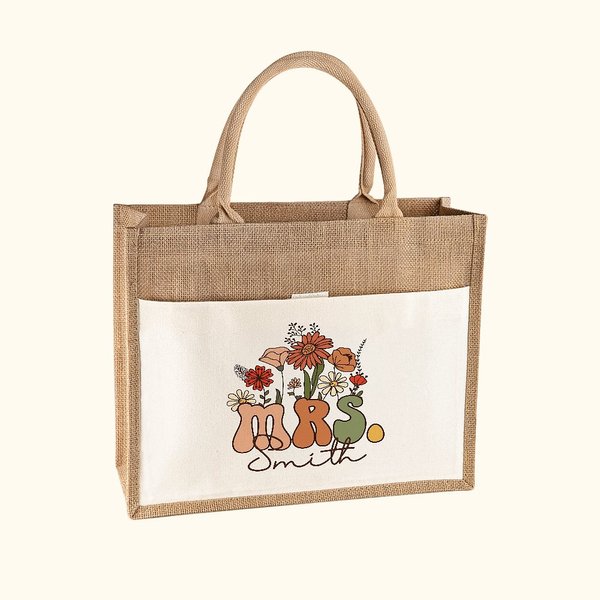 Personalized Retro Wildflowers MRS. Jute Tote Bag with Front Pocket Bridal Shower Back to School Gift for Women