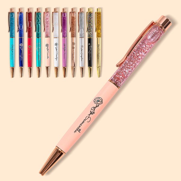 Personalised Glitter Dynamic Liquid Sand Beaded Ballpoint Pen with Engraved Birth Flower and Name Set of 2 Back to School Gift for Teacher