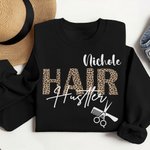 Personalized Hair Hustler Leopard Unisex Crewneck T-shirt Sweatshirt with Name Birthday Gift for Hairstylist Hairdressers