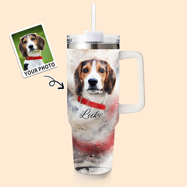 Personalised Watercolour Pet Portrait Painting 40oz Name Tumbler with Straw Birthday Memorial Gift for Pet Lover