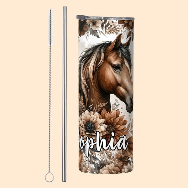 Gobelet Personnalisé avec Nom Motif Cheval Bouteille avec Paille et Brosse Cadeau Anniversaire pour Amoureux des Chevaux