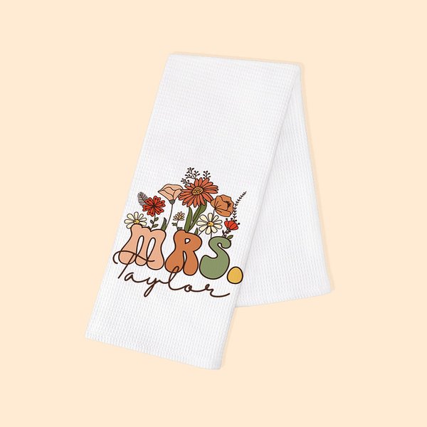Serviette de Cuisine Personnalisée avec Nom de Famille Motif Fleurs Sauvages Serviette de Thé Gaufrée Vintage Cadeau Bridal Shower Mariage pour Femme