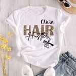 Personalized Hair Hustler Leopard Unisex Crewneck T-shirt Sweatshirt with Name Birthday Gift for Hairstylist Hairdressers