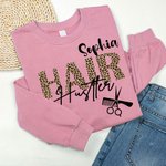Personalized Hair Hustler Leopard Unisex Crewneck T-shirt Sweatshirt with Name Birthday Gift for Hairstylist Hairdressers